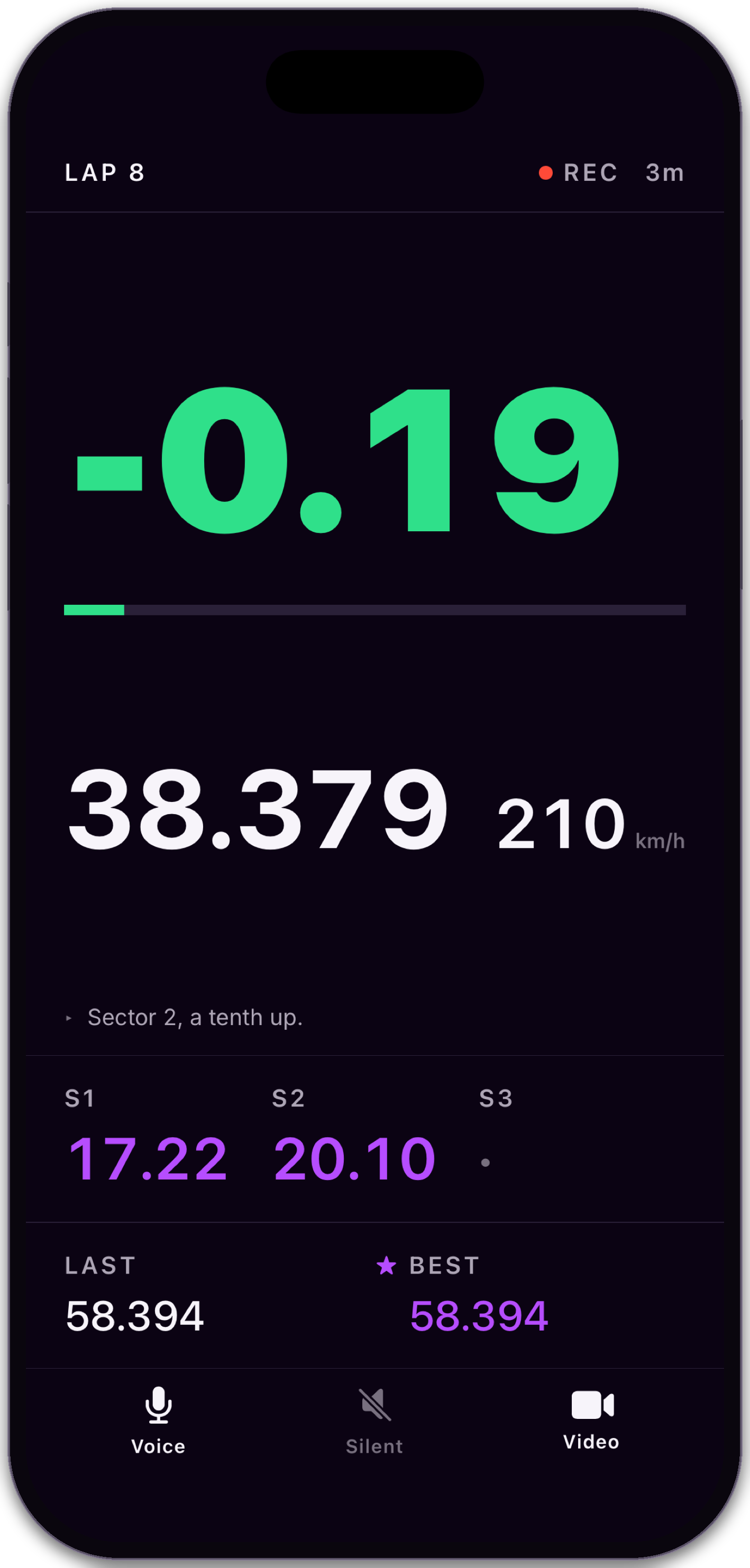 The TrackByte drive screen showing a live delta, speed and the running lap time
